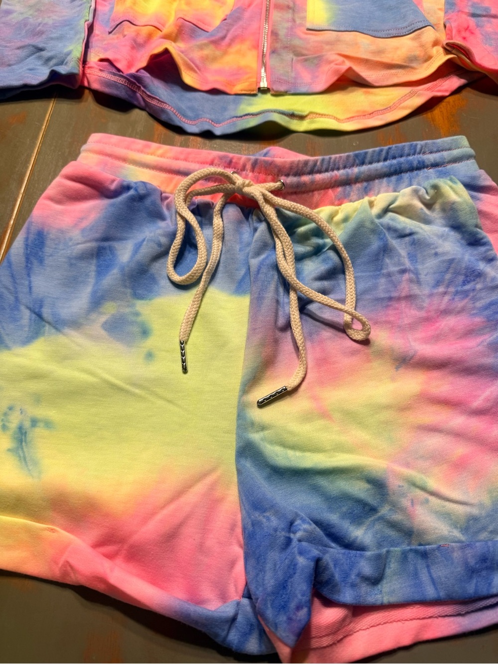 Rosevelvet Tie-Dye Zip Hoodie And Short Set- Pink, Yellow, Blue, Green - Picture 3 of 7
